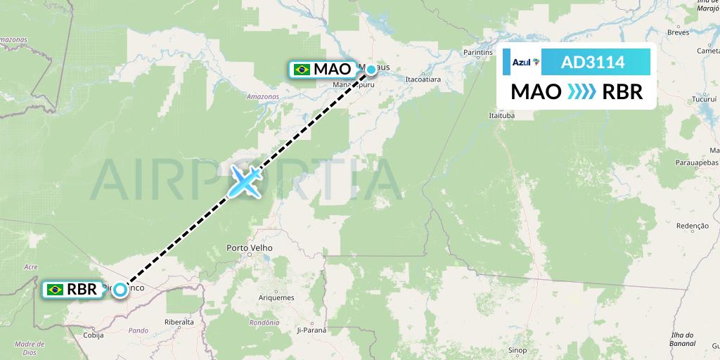 AD3114 Azul Brazilian Airlines Flight Map: Manaus to Rio Branco