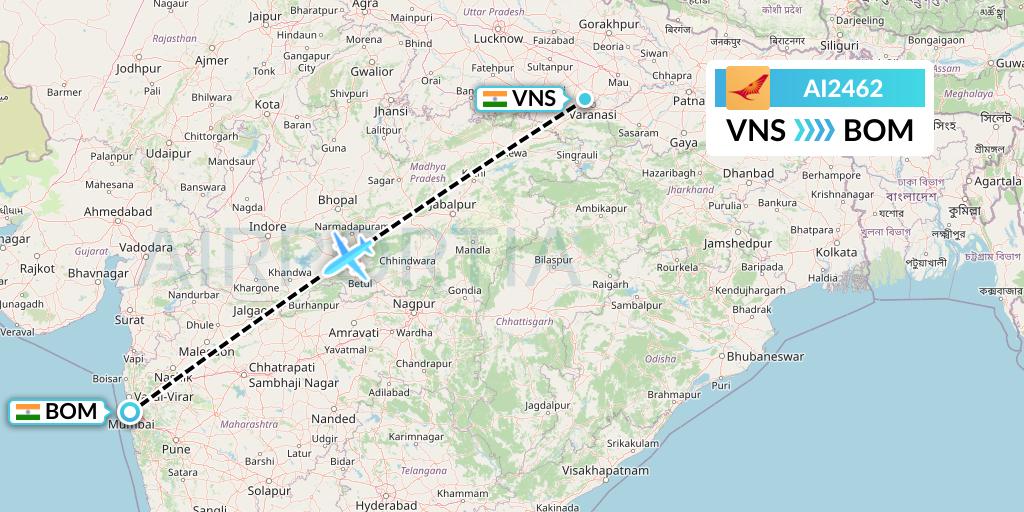 AI2462 Air India Flight Map: Varanasi to Mumbai