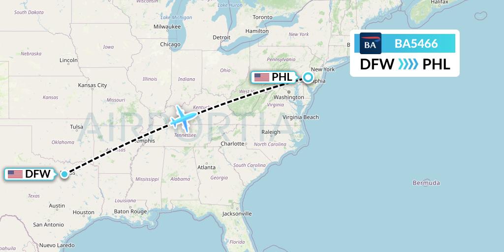 BA5466 British Airways Flight Map: Dallas to Philadelphia
