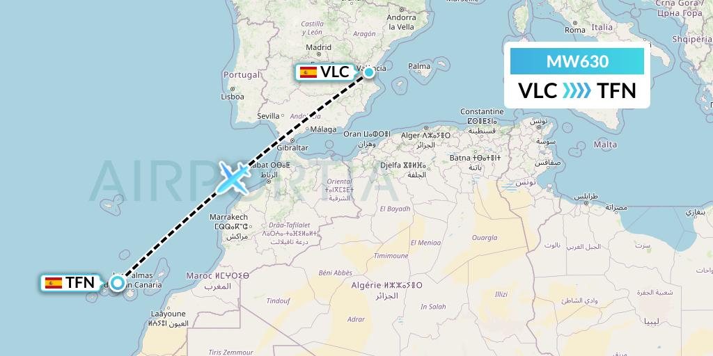 MW630 Mokulele Flight Service Flight Map: Valencia to Tenerife