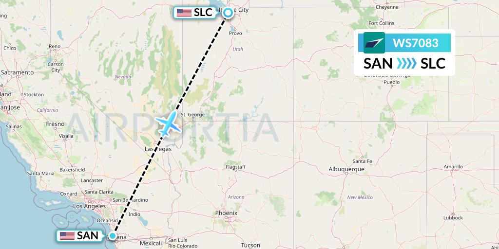 WS7083 WestJet Flight Map: San Diego to Salt Lake City