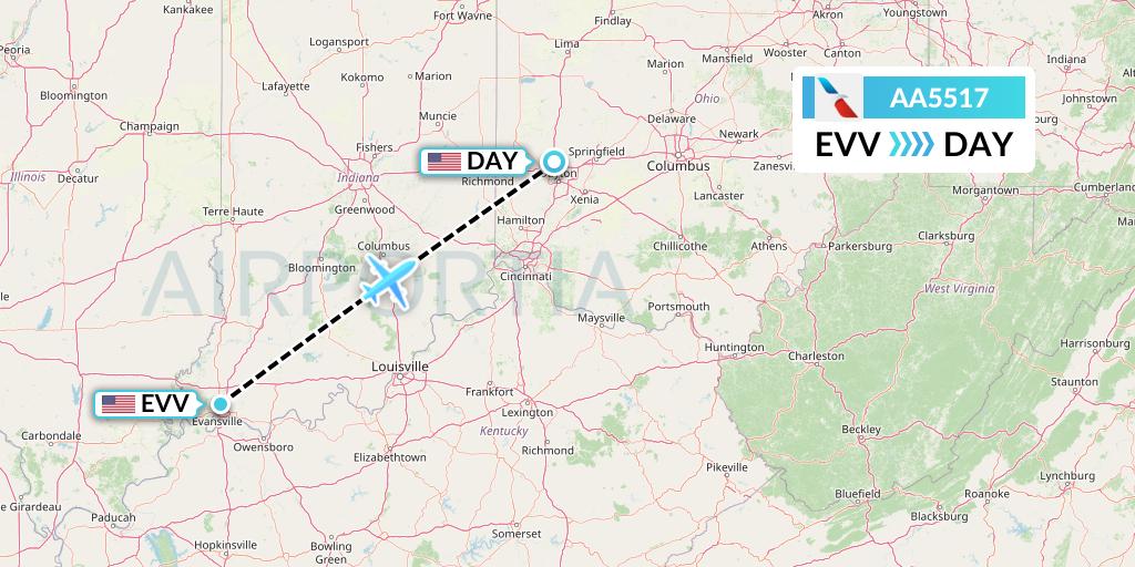 AA5517 American Airlines Flight Map: Evansville to Dayton