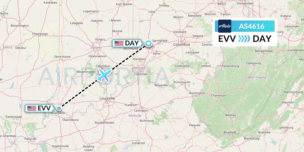 AS4616 Alaska Airlines Flight Map: Evansville to Dayton