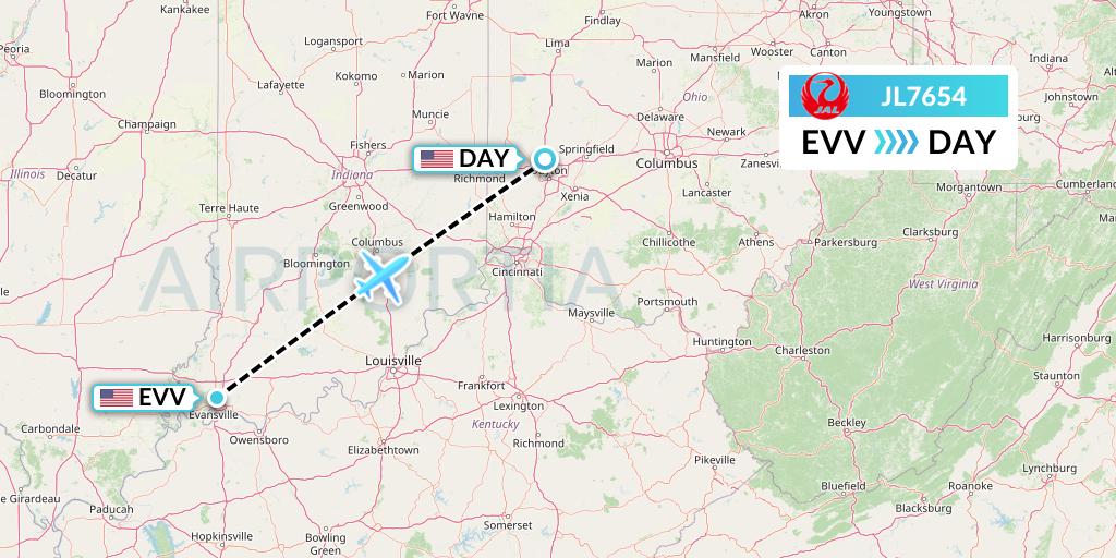JL7654 Japan Airlines Flight Map: Evansville to Dayton