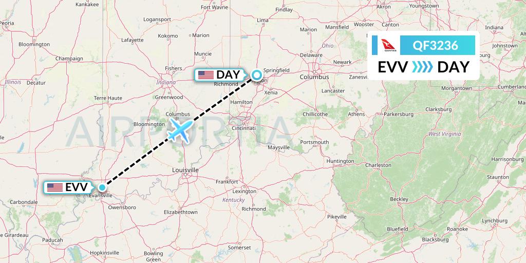 QF3236 Qantas Flight Map: Evansville to Dayton