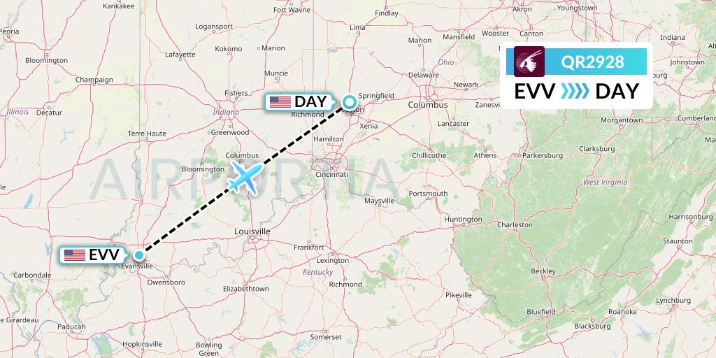 QR2928 Qatar Airways Flight Map: Evansville to Dayton