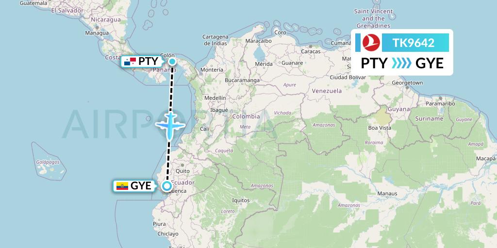 TK9642 Turkish Airlines Flight Map: Panama City to Guayaquil