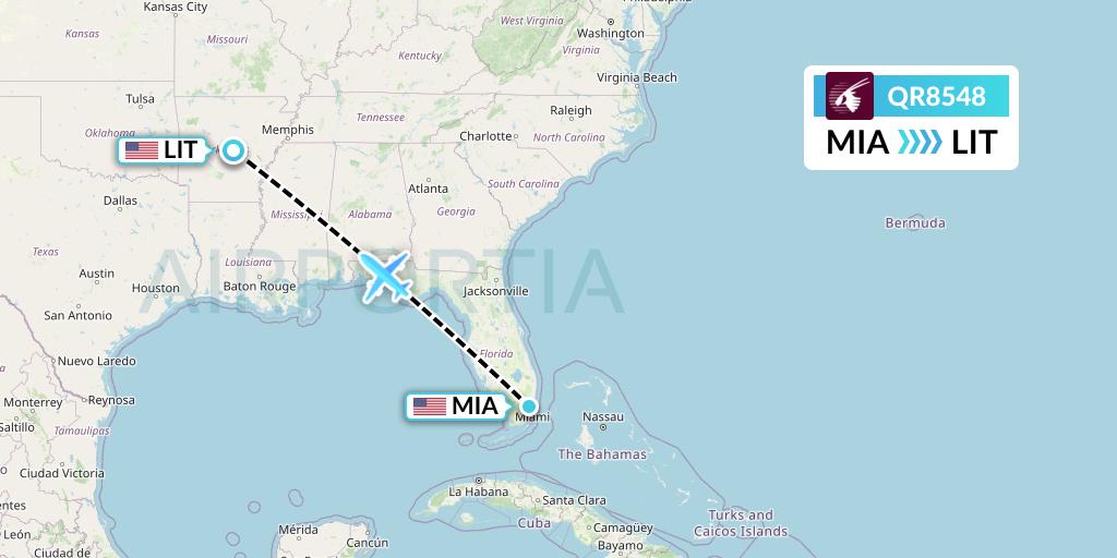 QR8548 Qatar Airways Flight Map: Miami to Little Rock