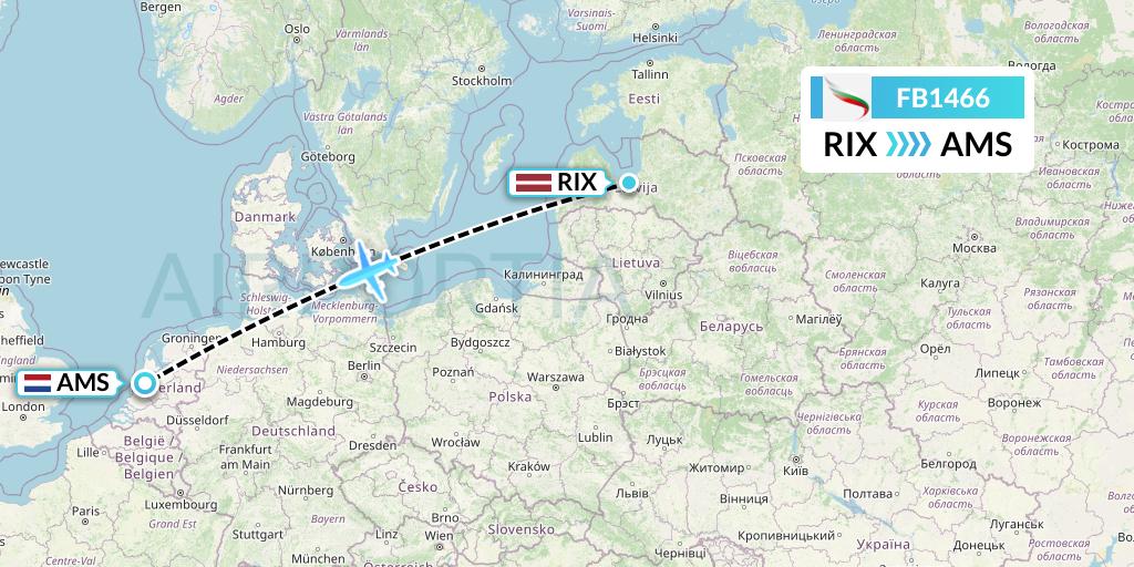 FB1466 Bulgaria Air Flight Map: Riga to Amsterdam