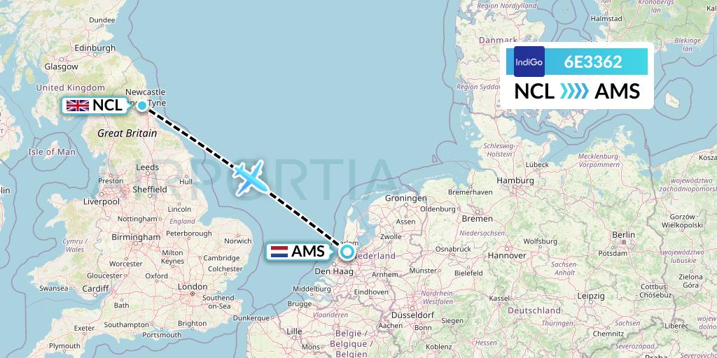 6E3362 IndiGo Airlines Flight Map: Newcastle to Amsterdam