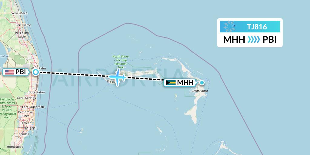 TJ816 Tradewind Aviation Flight Map: Marsh Harbour to West Palm Beach
