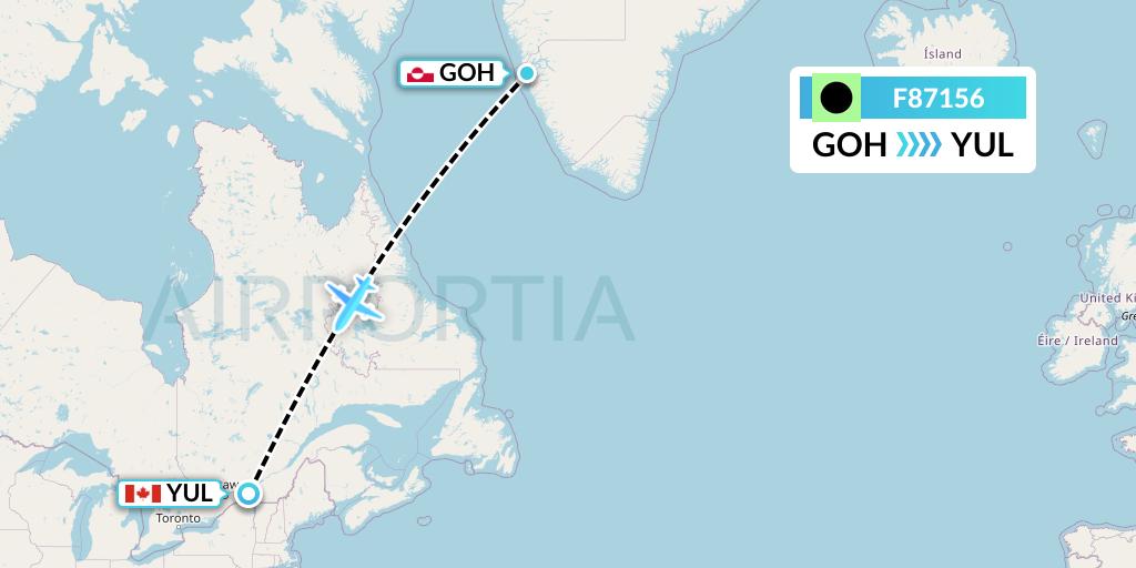 F87156 Flair Airlines Flight Map: Nuuk to Montreal