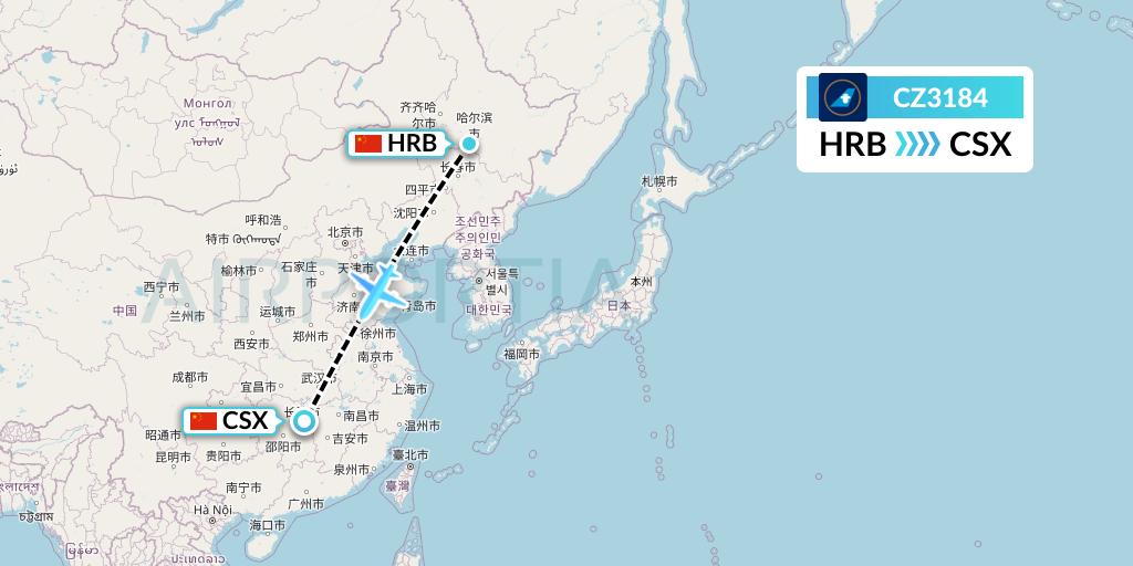 CZ3184 China Southern Airlines Flight Map: Harbin to Changsha
