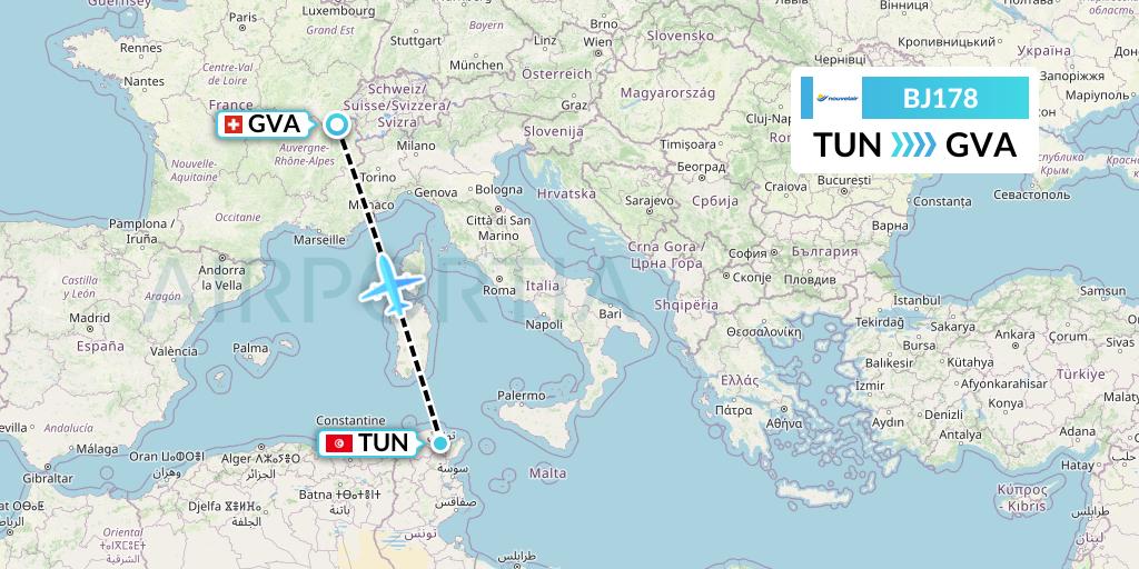 BJ178 Nouvelair Tunisie Flight Map: Tunis to Geneva