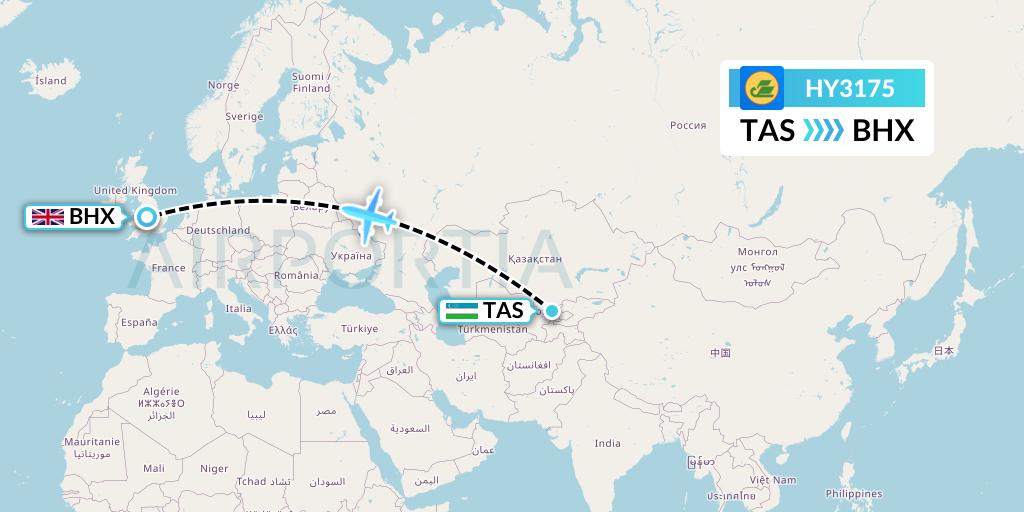 HY3175 Uzbekistan Airways Flight Map: Tashkent to Birmingham