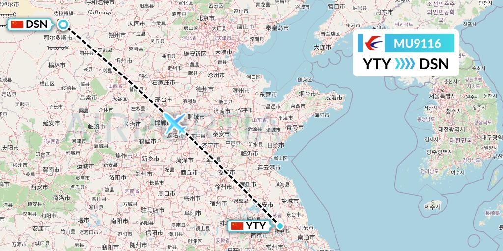MU9116 China Eastern Airlines Flight Map: Yangzhou to Dongsheng