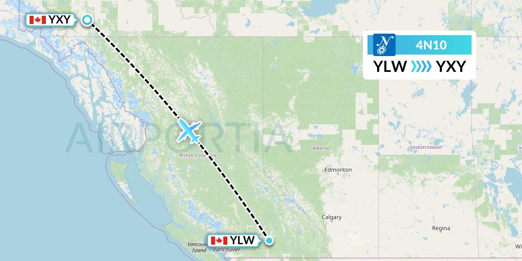 4N10 Air North Flight Map: Kelowna to Whitehorse