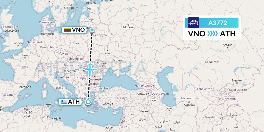 A3772 Aegean Airlines Flight Map: Vilnius to Athens