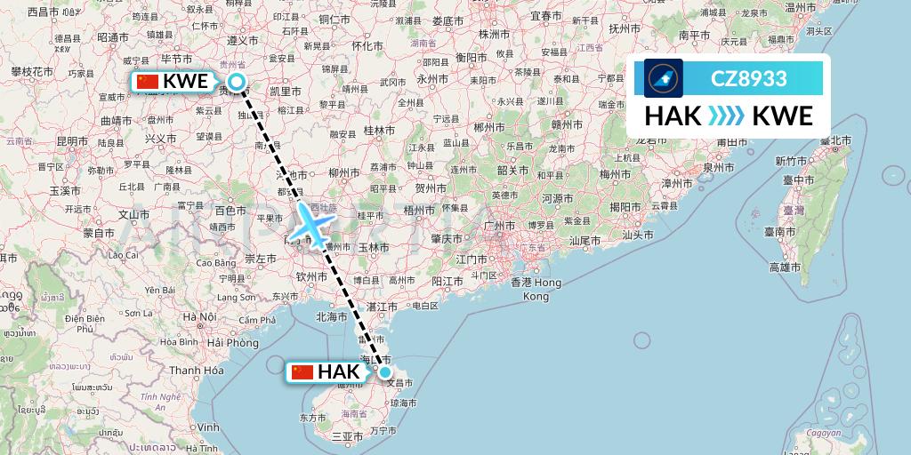 CZ8933 China Southern Airlines Flight Map: Haikou to Guiyang