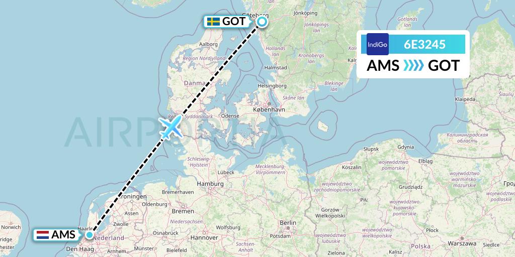 6E3245 IndiGo Airlines Flight Map: Amsterdam to Gothenburg