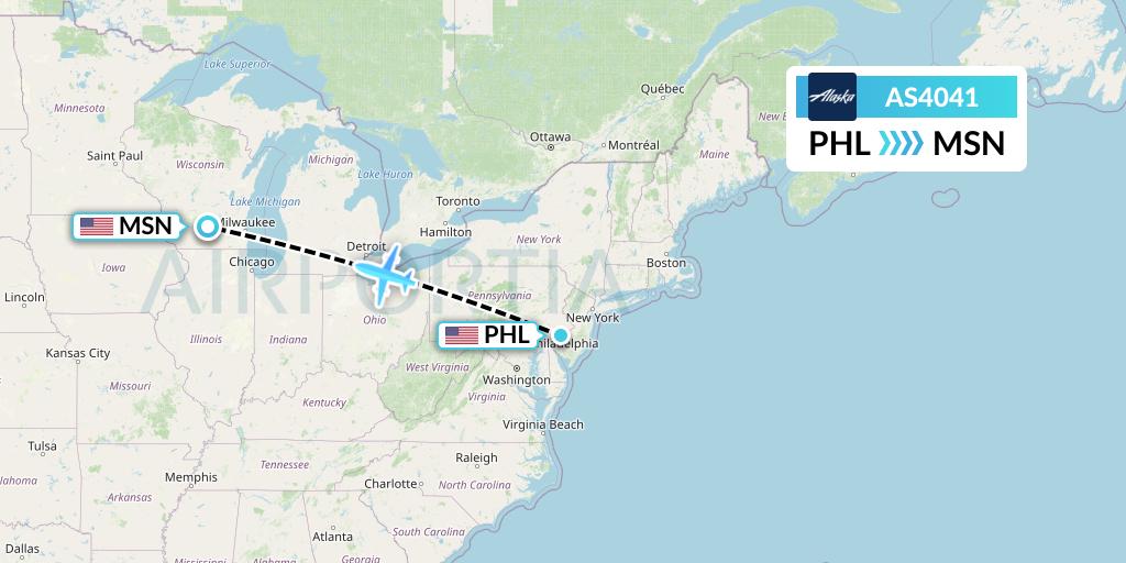 AS4041 Alaska Airlines Flight Map: Philadelphia to Madison