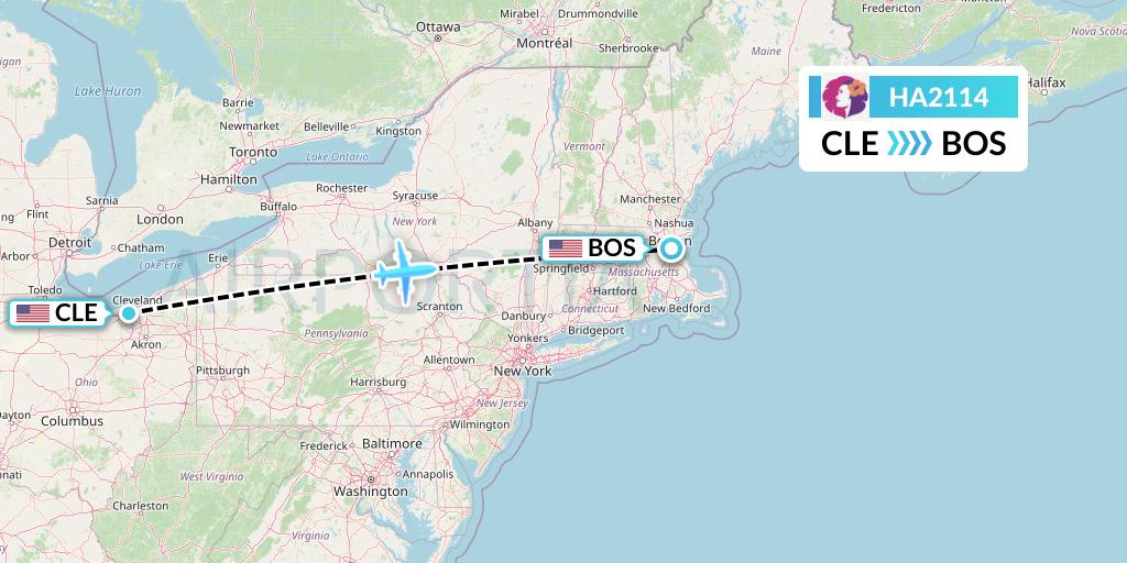 HA2114 Hawaiian Airlines Flight Map: Cleveland to Boston