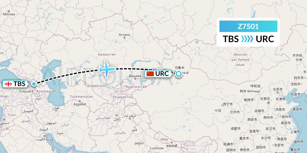 Z7501 Fly Africa Zimbabwe Flight Map: Tbilisi to Urumqi