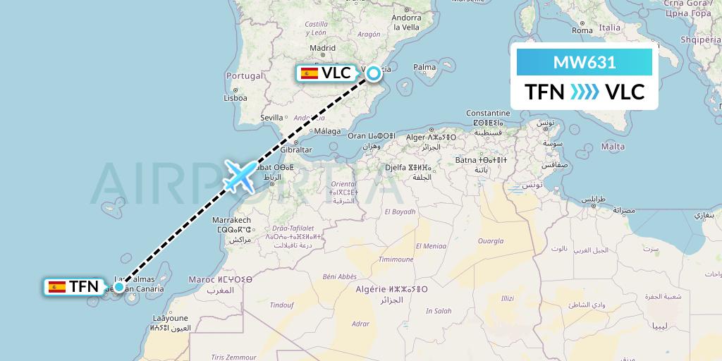 MW631 Mokulele Flight Service Flight Map: Tenerife to Valencia