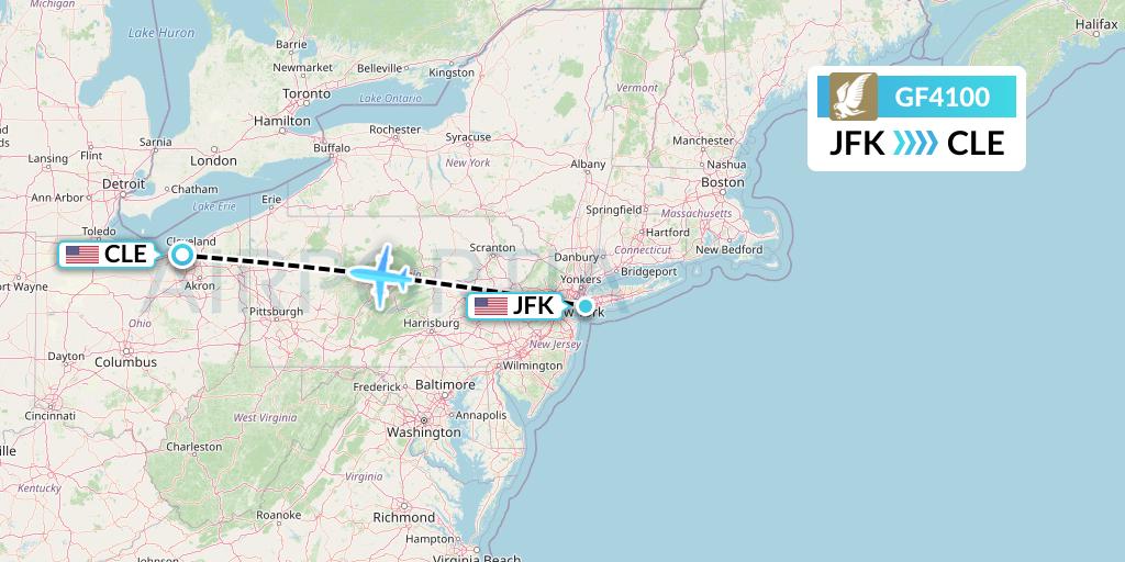 GF4100 Gulf Air Flight Map: New York to Cleveland