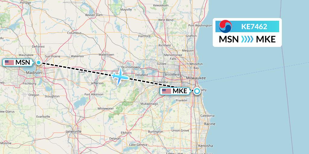 KE7462 Korean Air Flight Map: Madison to Milwaukee