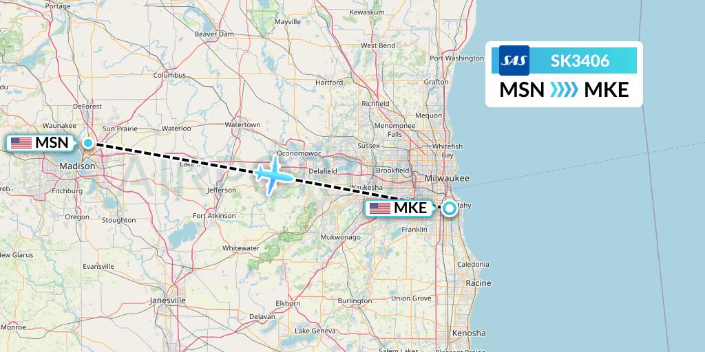 SK3406 SAS Flight Map: Madison to Milwaukee