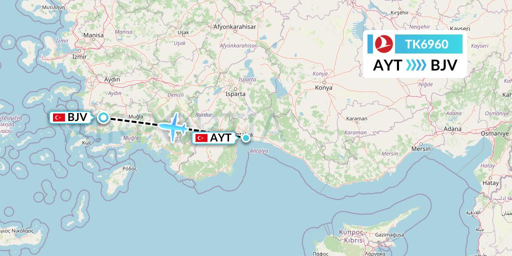 TK6960 Turkish Airlines Flight Map: Antalya to Bodrum