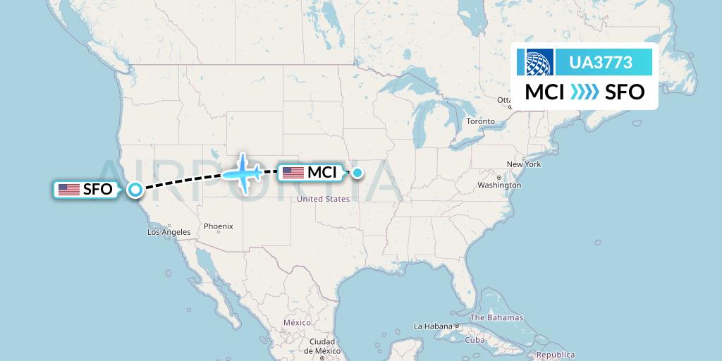 UA3773 United Airlines Flight Map: Kansas City to San Francisco