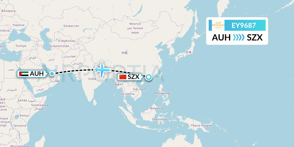 EY9687 Etihad Airways Flight Map: Abu Dhabi to Shenzhen