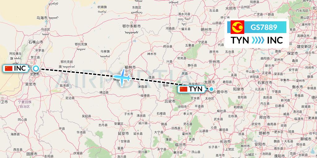 GS7889 Tianjin Airlines Flight Map: Taiyuan to Yinchuan