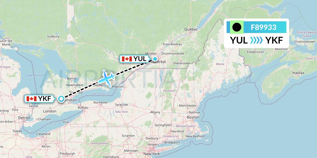 F89933 Flair Airlines Flight Map: Montreal to Waterloo