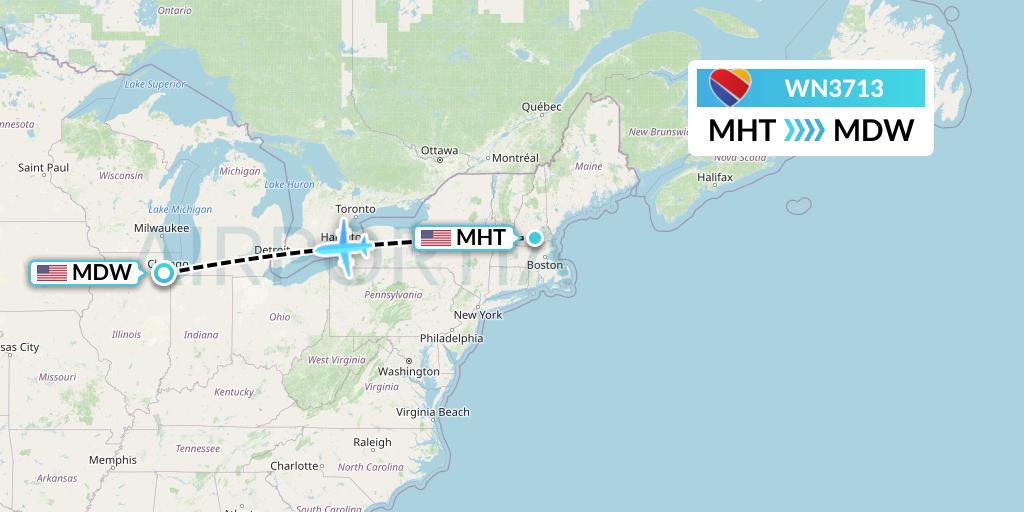 WN3713 Southwest Airlines Flight Map: Manchester to Chicago