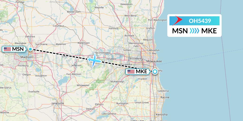 OH5439 PSA Airlines Flight Map: Madison to Milwaukee