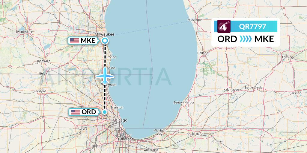 QR7797 Qatar Airways Flight Map: Chicago to Milwaukee