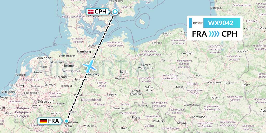 WX9042 Cityjet Flight Map: Frankfurt to Copenhagen