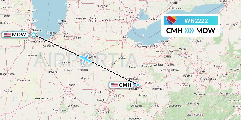 WN2222 Southwest Airlines Flight Map: Columbus to Chicago
