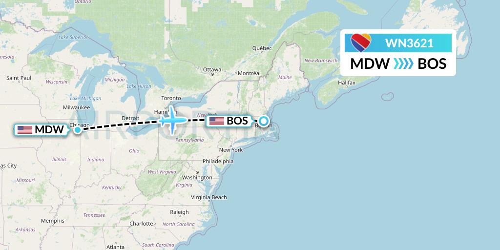 WN3621 Southwest Airlines Flight Map: Chicago to Boston