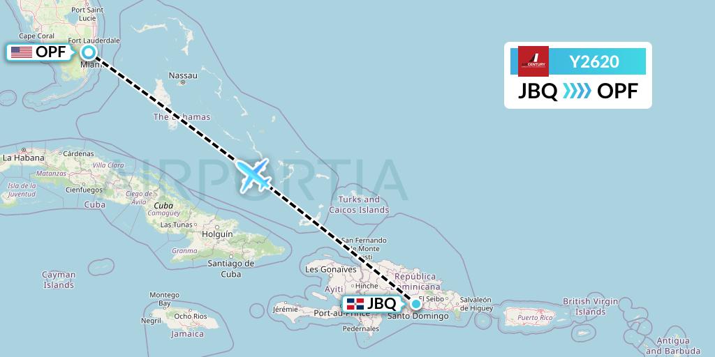 Y2620 Air Century Flight Map: Santo Domingo to Miami