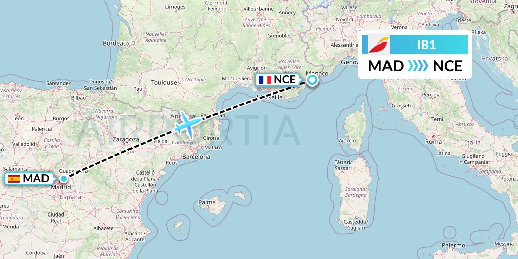IB1 Iberia Flight Map: Madrid to Nice