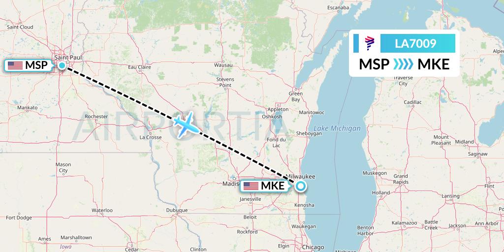 LA7009 LAN Airlines Flight Map: Minneapolis to Milwaukee