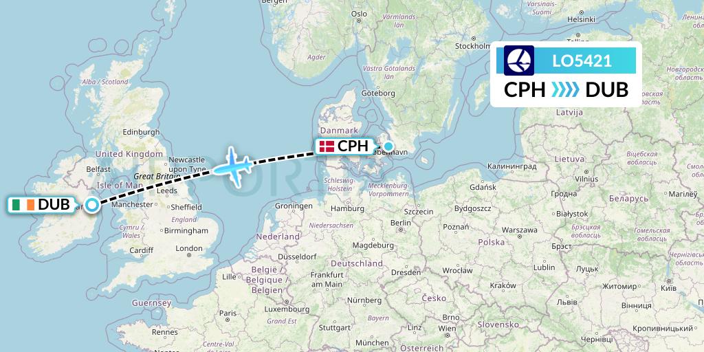LO5421 LOT Flight Map: Copenhagen to Dublin