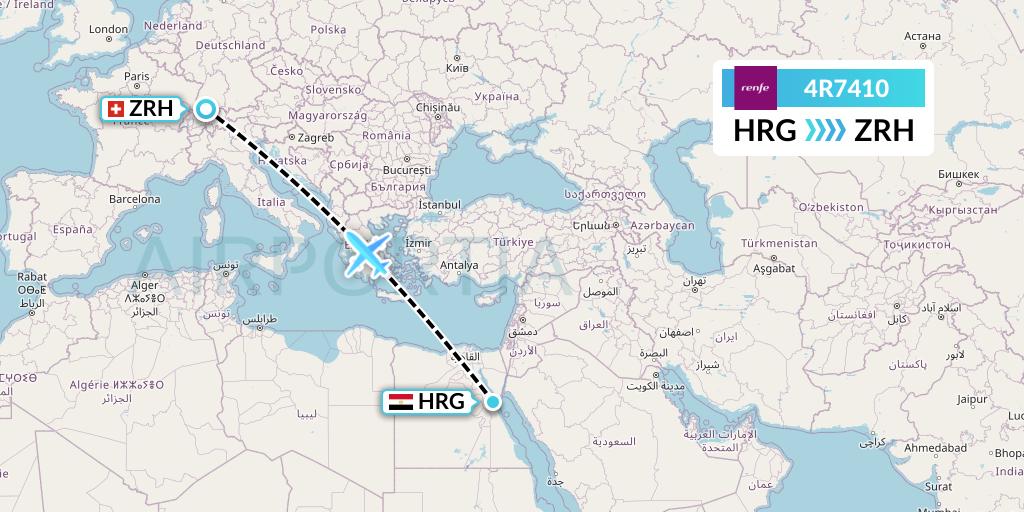 4R7410 Northern Thurderbird Air Flight Map: Hurghada to Zurich