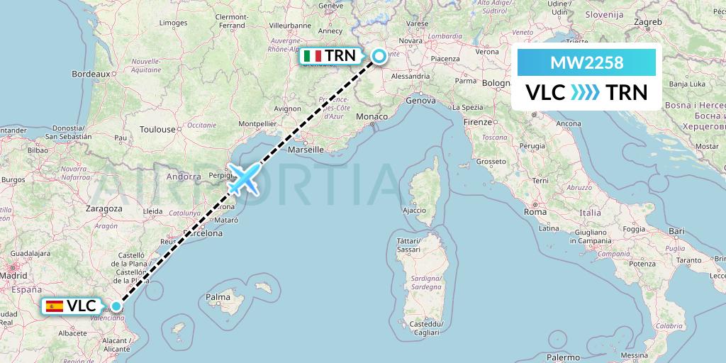 MW2258 Mokulele Flight Service Flight Map: Valencia to Turin