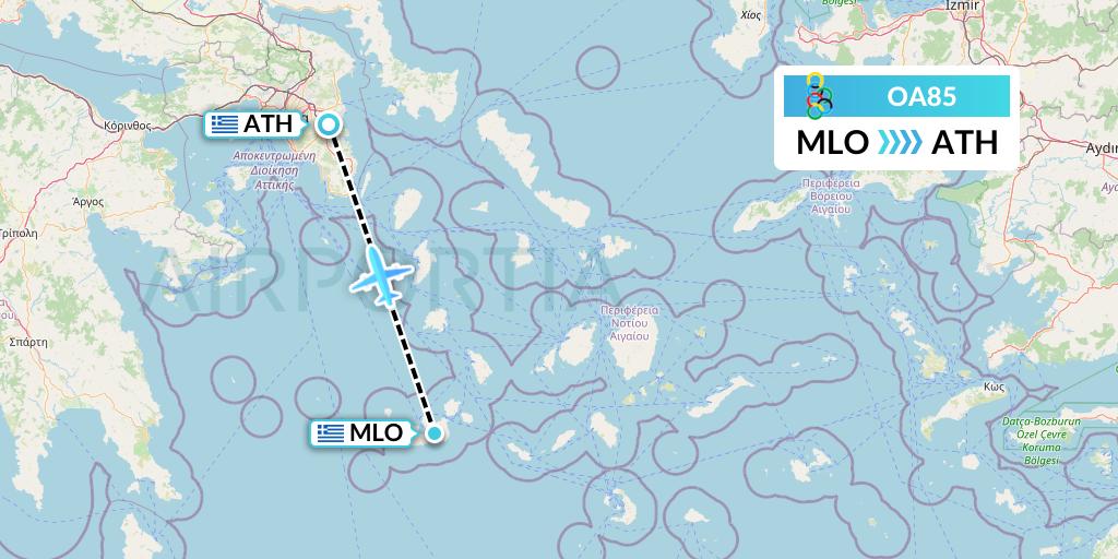 OA85 Olympic Air Flight Map: Milos to Athens