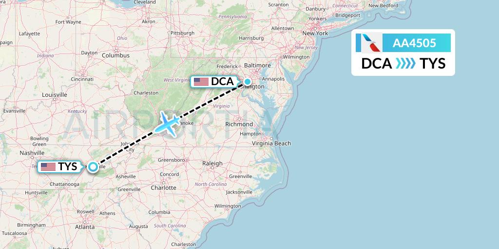 AA4505 American Airlines Flight Map: Washington to Knoxville